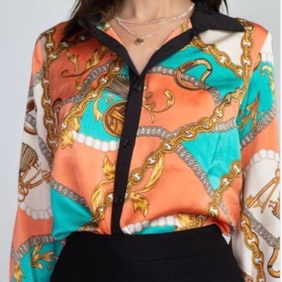 Long Sleeve Satin Chain Pattern ButtonDown Blouse - Picture 3 of 6